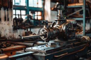 Metal lathe machine operating in a busy workshop photo
