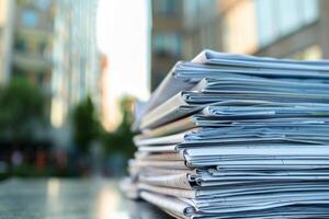 Stack of documents lying on a surface with blurred city background photo