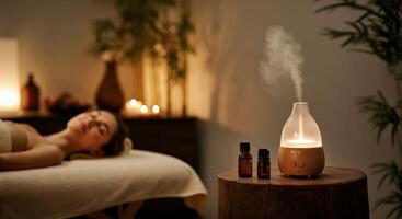 Tranquil spa ambience with aromatherapy diffuser and relaxing candlelight setting photo