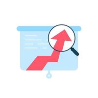 Flat illustration of market or sales prediction. upward arrow graph with a magnifying glass. data analysis, business growth, and financial forecasting. for presentations, reports, economic trends vector