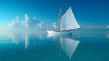 White sailboat floats on calm ocean water in panoramic view. Minimalist seascape features crystal-clear reflections under bright blue sky with soft clouds, creating serene atmosphere. ocean photo