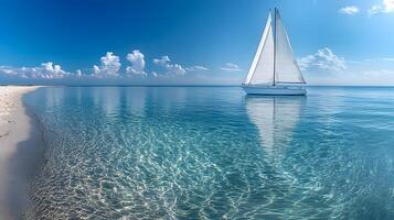 White sailboat floats on calm ocean water in panoramic view. Minimalist seascape features crystal-clear reflections under bright blue sky with soft clouds, creating serene atmosphere. panoramic photo