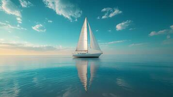 White sailboat floats on calm ocean water in panoramic view. Minimalist seascape features crystal-clear reflections under bright blue sky with soft clouds, creating serene atmosphere. reflection photo