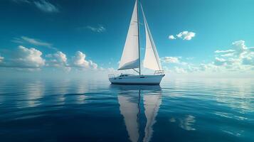 White sailboat floats on calm ocean water in panoramic view. Minimalist seascape features crystal-clear reflections under bright blue sky with soft clouds, creating serene atmosphere. sailboat photo