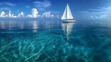 White sailboat floats on calm ocean water in panoramic view. Minimalist seascape features crystal-clear reflections under bright blue sky with soft clouds, creating serene atmosphere. water photo