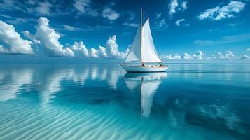 White sailboat floats on calm ocean water in panoramic view. Minimalist seascape features crystal-clear reflections under bright blue sky with soft clouds, creating serene atmosphere. serene photo