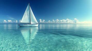 White sailboat floats on calm ocean water in panoramic view. Minimalist seascape features crystal-clear reflections under bright blue sky with soft clouds, creating serene atmosphere. minimalist photo