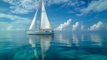White sailboat floats on calm ocean water in panoramic view. Minimalist seascape features crystal-clear reflections under bright blue sky with soft clouds, creating serene atmosphere. clouds photo