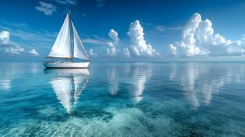 White sailboat floats on calm ocean water in panoramic view. Minimalist seascape features crystal-clear reflections under bright blue sky with soft clouds, creating serene atmosphere. sky photo