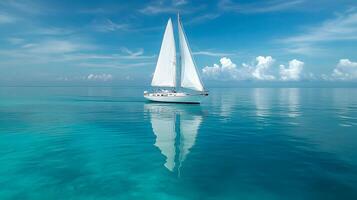 White sailboat floats on calm ocean water in panoramic view. Minimalist seascape features crystal-clear reflections under bright blue sky with soft clouds, creating serene atmosphere. marine photo