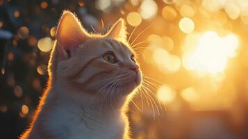 Majestic American Shorthair cat sits by window in side profile, basking in golden hour lighting. White fur texture gleams against bokeh background, creating dreamy atmosphere in sunset glow. window photo