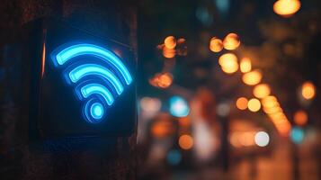 Glowing blue WiFi symbol illuminates wall-mounted sign in modern design. Technology icon stands out in evening atmosphere with bokeh lights creating dark, moody setting. modern photo