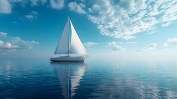 White sailboat floats on calm ocean water in panoramic view. Minimalist seascape features crystal-clear reflections under bright blue sky with soft clouds, creating serene atmosphere. bright photo