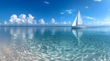 White sailboat floats on calm ocean water in panoramic view. Minimalist seascape features crystal-clear reflections under bright blue sky with soft clouds, creating serene atmosphere. calm photo