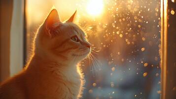 Majestic American Shorthair cat sits by window in side profile, basking in golden hour lighting. White fur texture gleams against bokeh background, creating dreamy atmosphere in sunset glow. golden photo