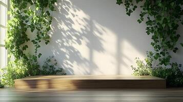 Wooden display platform made of brown oak presents minimalist stage design. Green ivy leaves frame the elegant presentation space against white wall, enhanced by natural sunlight and soft shadows. cl photo