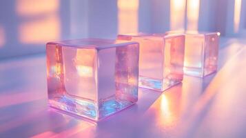 Transparent glass cubes arranged in a row displaying iridescent reflections and holographic effects, illuminated by pink and blue gradient lighting on a white background. refraction photo