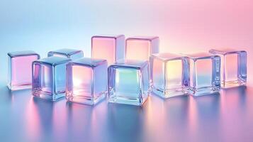 Transparent glass cubes arranged in a row displaying iridescent reflections and holographic effects, illuminated by pink and blue gradient lighting on a white background. optical photo