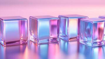 Transparent glass cubes arranged in a row displaying iridescent reflections and holographic effects, illuminated by pink and blue gradient lighting on a white background. symmetry photo