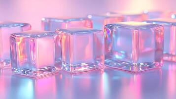 Transparent glass cubes arranged in a row displaying iridescent reflections and holographic effects, illuminated by pink and blue gradient lighting on a white background. sequence photo
