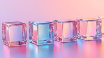 Transparent glass cubes arranged in a row displaying iridescent reflections and holographic effects, illuminated by pink and blue gradient lighting on a white background. glossy photo