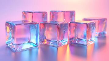 Transparent glass cubes arranged in a row displaying iridescent reflections and holographic effects, illuminated by pink and blue gradient lighting on a white background. glass photo
