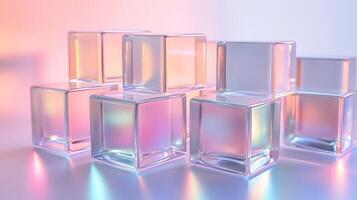 Transparent glass cubes arranged in a row displaying iridescent reflections and holographic effects, illuminated by pink and blue gradient lighting on a white background. transparent photo