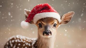 Young deer adorned with festive Santa hat against beige backdrop, capturing holiday charm with gentle lighting and soft bokeh, highlighting innocent wildlife in winter theme. young photo