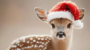 Young deer adorned with festive Santa hat against beige backdrop, capturing holiday charm with gentle lighting and soft bokeh, highlighting innocent wildlife in winter theme. nature photo
