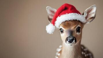 Young deer adorned with festive Santa hat against beige backdrop, capturing holiday charm with gentle lighting and soft bokeh, highlighting innocent wildlife in winter theme. hat photo