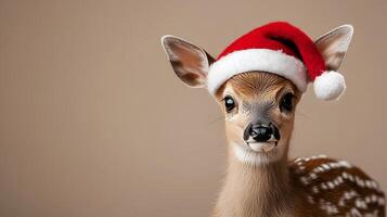Young deer adorned with festive Santa hat against beige backdrop, capturing holiday charm with gentle lighting and soft bokeh, highlighting innocent wildlife in winter theme. holiday photo