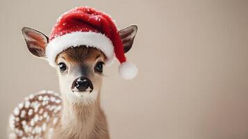 Young deer adorned with festive Santa hat against beige backdrop, capturing holiday charm with gentle lighting and soft bokeh, highlighting innocent wildlife in winter theme. bokeh photo