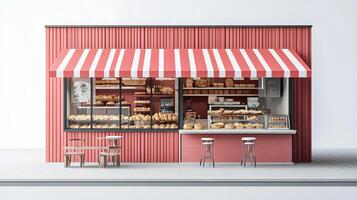 Modern red-white bakery kiosk with striped awning features display counter, stools, and detailed pastry shelving, presenting charming retail design in 3D illustration. retail photo