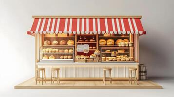 Modern red-white bakery kiosk with striped awning features display counter, stools, and detailed pastry shelving, presenting charming retail design in 3D illustration. modern photo