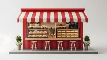 Modern red-white bakery kiosk with striped awning features display counter, stools, and detailed pastry shelving, presenting charming retail design in 3D illustration. shop photo