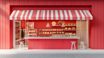 Modern red-white bakery kiosk with striped awning features display counter, stools, and detailed pastry shelving, presenting charming retail design in 3D illustration. display photo