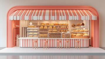 Modern red-white bakery kiosk with striped awning features display counter, stools, and detailed pastry shelving, presenting charming retail design in 3D illustration. commercial photo