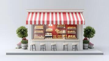 Modern red-white bakery kiosk with striped awning features display counter, stools, and detailed pastry shelving, presenting charming retail design in 3D illustration. miniature photo