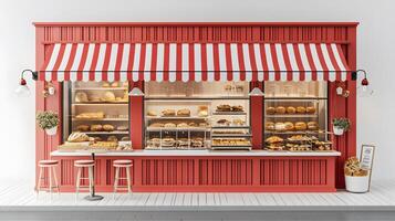 Modern red-white bakery kiosk with striped awning features display counter, stools, and detailed pastry shelving, presenting charming retail design in 3D illustration. cafe photo