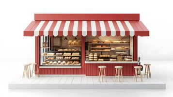 Modern red-white bakery kiosk with striped awning features display counter, stools, and detailed pastry shelving, presenting charming retail design in 3D illustration. bread photo