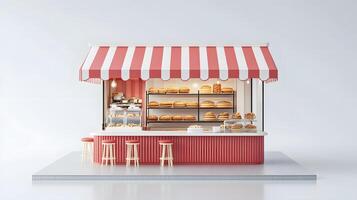 Modern red-white bakery kiosk with striped awning features display counter, stools, and detailed pastry shelving, presenting charming retail design in 3D illustration. storefront photo