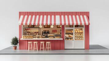 Modern red-white bakery kiosk with striped awning features display counter, stools, and detailed pastry shelving, presenting charming retail design in 3D illustration. business photo