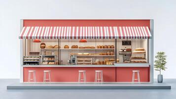 Modern red-white bakery kiosk with striped awning features display counter, stools, and detailed pastry shelving, presenting charming retail design in 3D illustration. service photo