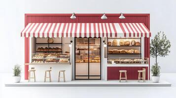 Modern red-white bakery kiosk with striped awning features display counter, stools, and detailed pastry shelving, presenting charming retail design in 3D illustration. fresh photo