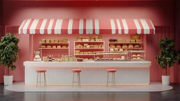 Modern red-white bakery kiosk with striped awning features display counter, stools, and detailed pastry shelving, presenting charming retail design in 3D illustration. delicious photo