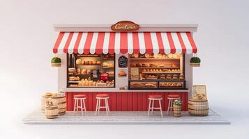 Modern red-white bakery kiosk with striped awning features display counter, stools, and detailed pastry shelving, presenting charming retail design in 3D illustration. inviting photo