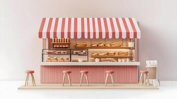 Modern red-white bakery kiosk with striped awning features display counter, stools, and detailed pastry shelving, presenting charming retail design in 3D illustration. appetizing photo