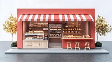 Modern red-white bakery kiosk with striped awning features display counter, stools, and detailed pastry shelving, presenting charming retail design in 3D illustration. bakery photo