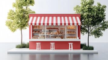 Modern red-white bakery kiosk with striped awning features display counter, stools, and detailed pastry shelving, presenting charming retail design in 3D illustration. white photo