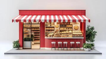 Modern red-white bakery kiosk with striped awning features display counter, stools, and detailed pastry shelving, presenting charming retail design in 3D illustration. red photo